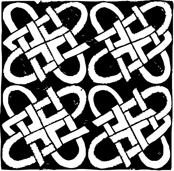 The black and white pattern features a repeating design of interlocking knots with various shapes within them.