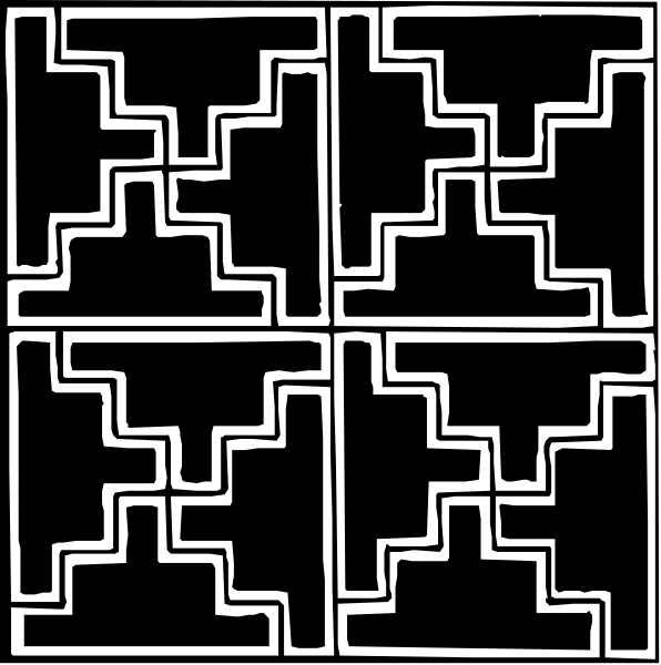 The black and white pattern consists of nine interconnected shapes that resemble a combination of squares with crosses on top forming an intricate design within each square.