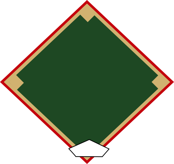 The image shows a stylized baseball diamond with home plate at its center, surrounded by three bases forming an equilateral triangle around it; each base is outlined in red against a green field background.