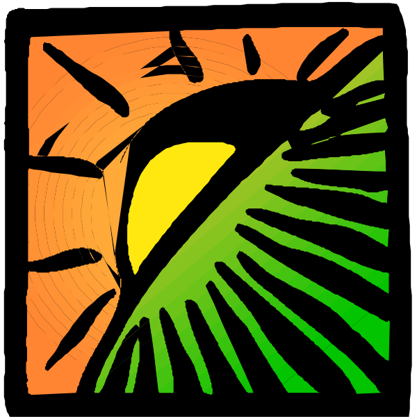 The image shows a stylized sun with rays extending outward from its center, set against an abstract background that includes geometric shapes in shades of orange, red, yellow, green, blue, purple, and black.