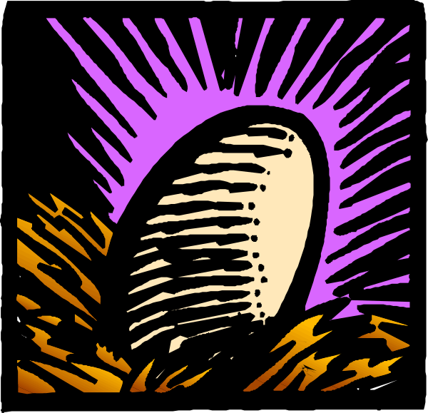 The image shows a stylized illustration of an egg with cracks on it against a purple background that resembles a sunset sky.