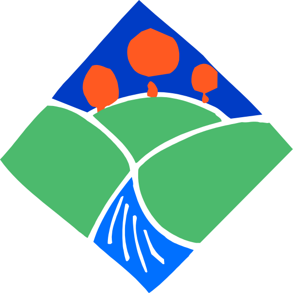The image shows a stylized illustration of an outdoor scene with hillsides on either side forming a valley where there is water flowing through it; above this landscape, three red circles resembling balloons float in what appears to be sky-like space atop two green triangles that could represent trees or bushes. The background has blue and white tones suggesting an open expanse of the outdoors with no specific details about objects within those areas.