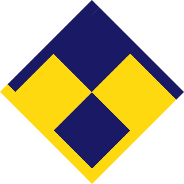 The image shows a stylized graphic of an abstract diamond shape with alternating blue and yellow sections against a black background.