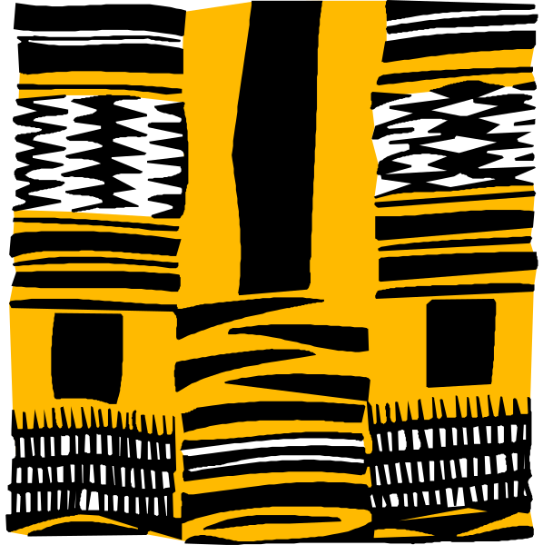 The image shows a black and white illustration of two stylized buildings with geometric patterns on their facades.