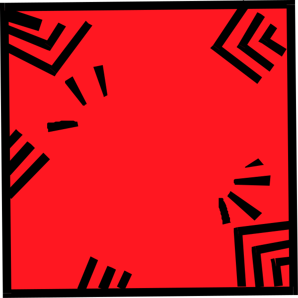 The image shows a red abstract pattern with geometric shapes that resemble mazes or labyrinths against a white background.