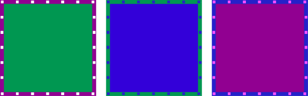 The image shows a simple line drawing of three rectangles with different colored backgrounds: purple on top, blue in middle, green at bottom; all aligned horizontally against gray backdrop.