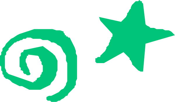 The image shows a digital graphic with two green swirls on either side of three white stars against a dark background.