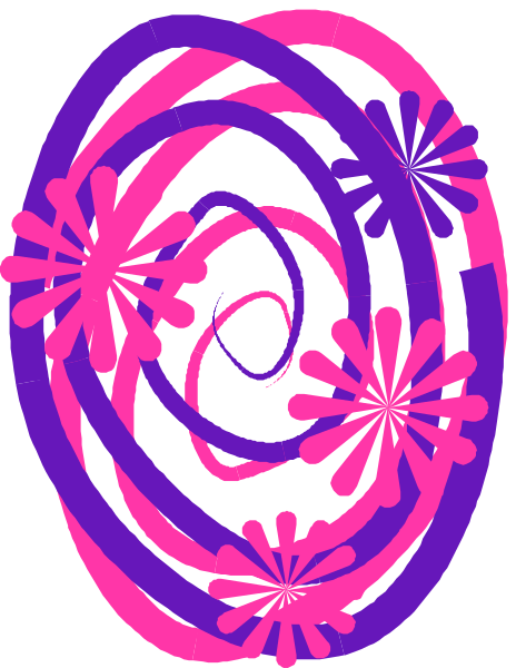 The image shows a colorful abstract design with swirls of pink and purple against black background featuring white dots that resemble stars in various sizes creating an illusionary effect as if looking into space through binoculars, set within a circular frame.