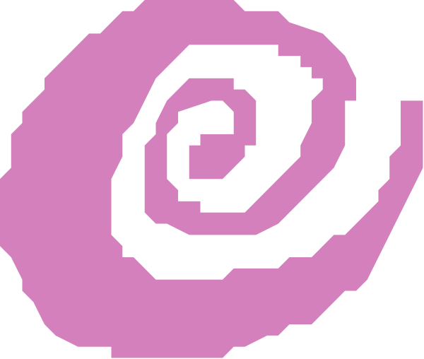 The image shows a pink swirl with an eye at its center against a black background.