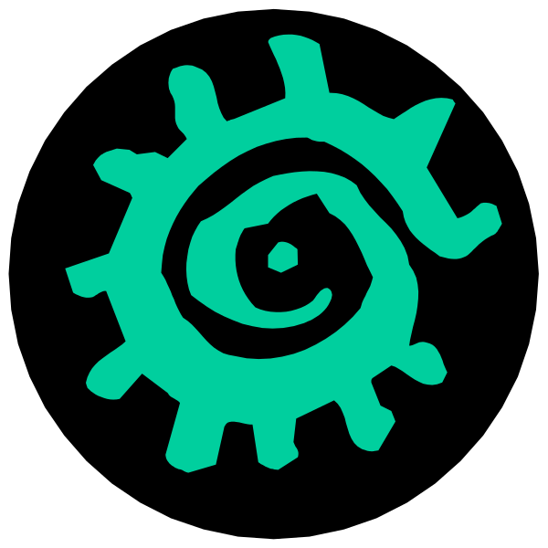 The image shows a black background with an abstract design that resembles a stylized eye on top of what appears to be gears in green coloring.