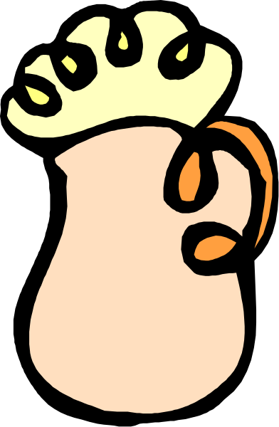 The image shows a cartoon depiction of an ear with corn on it placed next to what appears to be a footprint in sandal form against a plain background.