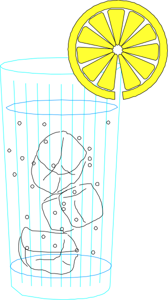 The image shows a black and white illustration of an umbrella with raindrops falling from it onto two glasses filled to varying levels; one glass is almost empty while the other has liquid up to its brim, accompanied by a lemon slice on top right corner.