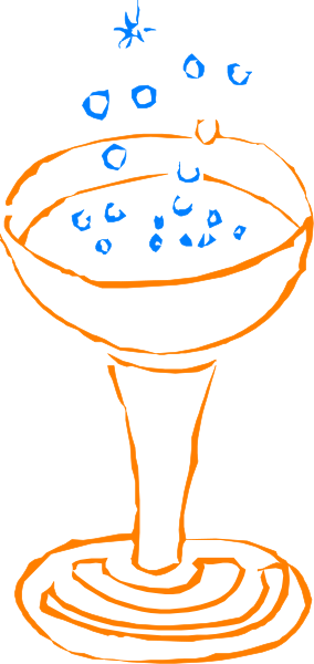 The drawing shows a cocktail shaker with blue liquid inside it on top of an orange base, surrounded by raindrops falling from above onto water in a glass below.
