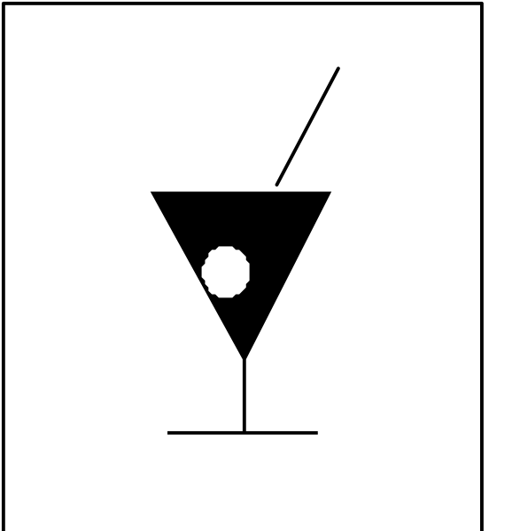 The image shows a simple line drawing of an icon with two elements: on top is a martini glass filled to about half its capacity; below it is what appears to be a straw sticking out from behind the drink, suggesting that someone might have taken a sip or stirred their cocktail without removing the straw.
