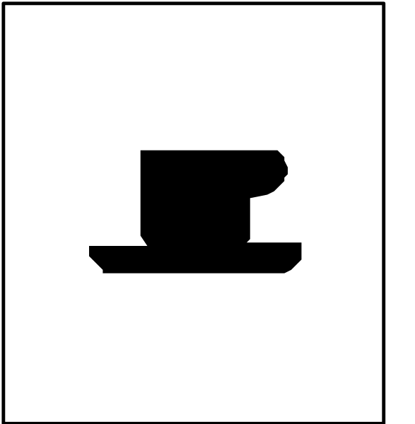 The image shows a black silhouette of an object that resembles a hat on top of another shape which could be interpreted as either a house or a person's head with hair sticking out from under it, set against a white background in two different orientations within one frame.
