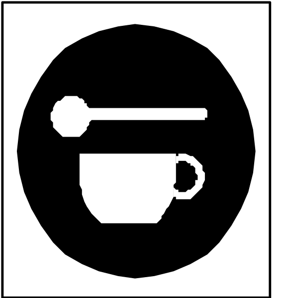 The image shows a black icon with white text that reads "COFFEE" inside of it on top left corner; below this is an illustration depicting two spoons crossed over each other in front of coffee cup, and to its right there's another symbol showing a spoon next to the word 'coffee'.