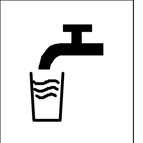 The image shows a black and white icon of an outdoor faucet with water flowing from it into what appears to be a cup below.