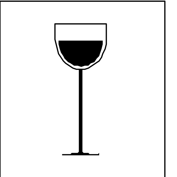 The black and white illustration shows a wine glass with liquid inside it on top of what appears to be an ice bucket, indicating that there is cold water in the container as well.