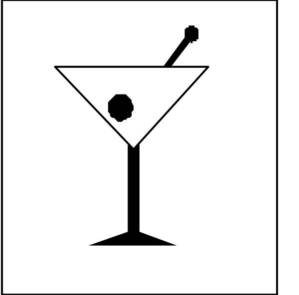 The image shows a simple black and white icon of an adult beverage with ice cubes inside it on top of what appears to be a cocktail shaker, accompanied by two olives atop the drink; there is also a small illustration of a martini glass next to this main graphic.
