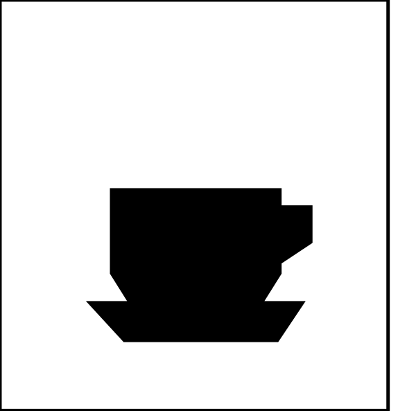 The black and white silhouette of a coffee cup with steam rising from it next to an icon representing a hot beverage dispenser in what appears to be a cafe environment.