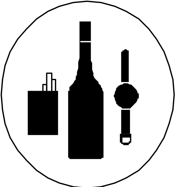 The black and white icon depicts a bottle of wine, an alarm clock, cigarettes with lit cigarette lighter on top, a smartphone, a wristwatch, and two bottles labeled "wine" in different orientations within it.