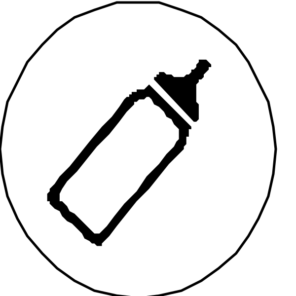 The black and white icon shows a baby bottle on top of an adult beverage bottle with three icons underneath: breastfeeding symbol (a woman's chest), pacifier, and formula feeding container. This image is commonly used to represent different methods for infant nutrition or childcare options in various contexts such as parenting websites, apps, menus at restaurants that cater to children, etc. The background of the icon appears black with white icons. There are no texts present on this clip-art image.