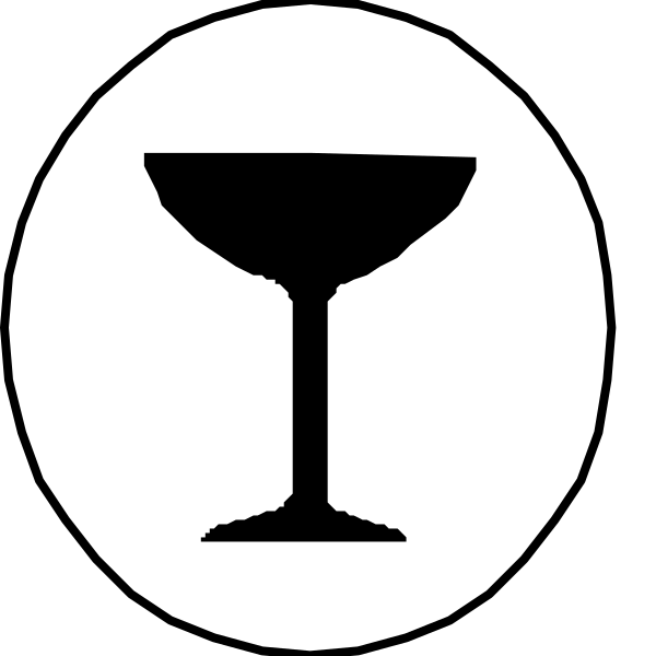 The image shows a black icon with three white symbols: on top left there is an upside down wine glass; below it in center right, another symbol of a wine glass filled to varying levels from bottom to middle and then back again; at the very bottom right corner, two overlapping circles forming what appears to be a stylized representation of a person's head.