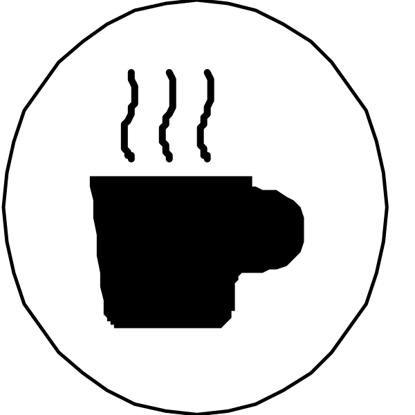 The image shows a black icon with three white symbols: on top left there is an espresso cup symbolizing coffee; in the center right it depicts two crossed spoons indicating tea; at bottom middle, there's a dog house representing dogs and pets.