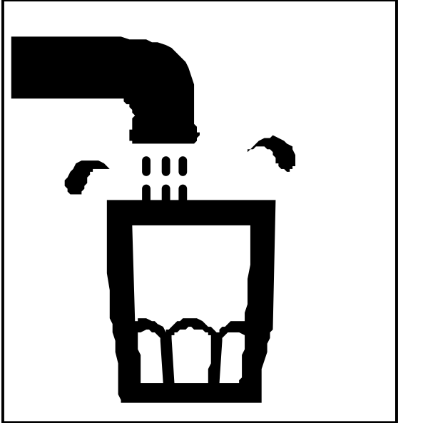 The black and white sign shows a toilet with water pouring out of it into an empty glass below, indicating that there is no running water in this facility.