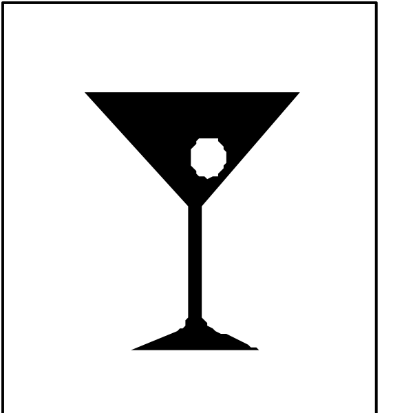 The image shows a simple black and white icon of an alcoholic drink with ice cubes on top inside what appears to be a cocktail glass next to a wineglass symbolizing martinis.