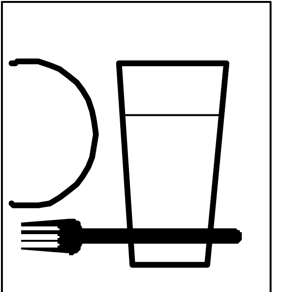 The black and white illustration shows a dining table with various items on it: utensils (fork), food (plate of meat) in front of an empty glass cup, another plate containing what appears to be vegetables next to two cups, one filled with liquid that could possibly contain water or juice. There is also a spoon and knife placed beside the plates for eating purposes. The image has been edited to include additional items such as a wineglass on top left corner, fork in front of it, another plate containing what appears to be vegetables next to two cups; one filled with liquid