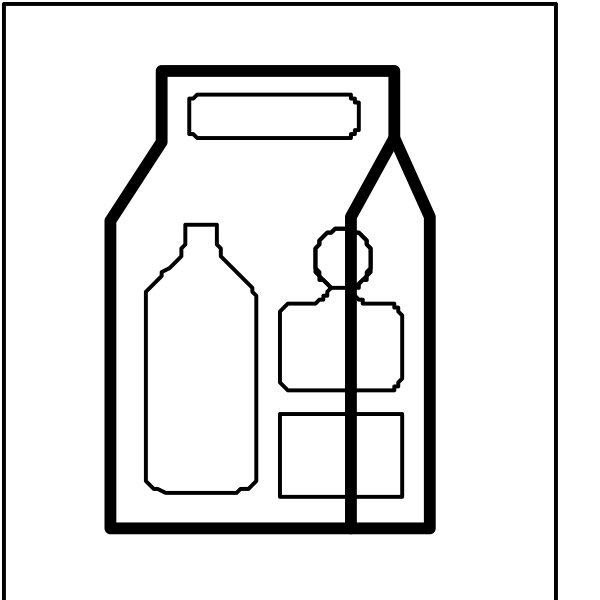 The image shows a black and white line drawing of an open refrigerator with various items inside including bottles labeled "milk" and other food products on shelves; to its right is a bottle that appears closed next to another item, possibly in a grocery store setting.