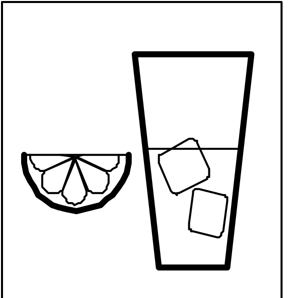 The black and white illustration shows a tall glass of water with ice cubes on top next to two sliced lemons in an unidentified beverage container; above these items is another slice of lemon, suggesting it's part of that drink as well.