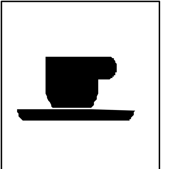 The black and white icon shows a coffee cup on top of an espresso machine with steam coming out from it next to two plates stacked vertically below each other in front of what appears to be a counter, suggesting that this is likely found at a cafe or restaurant where food service takes place.