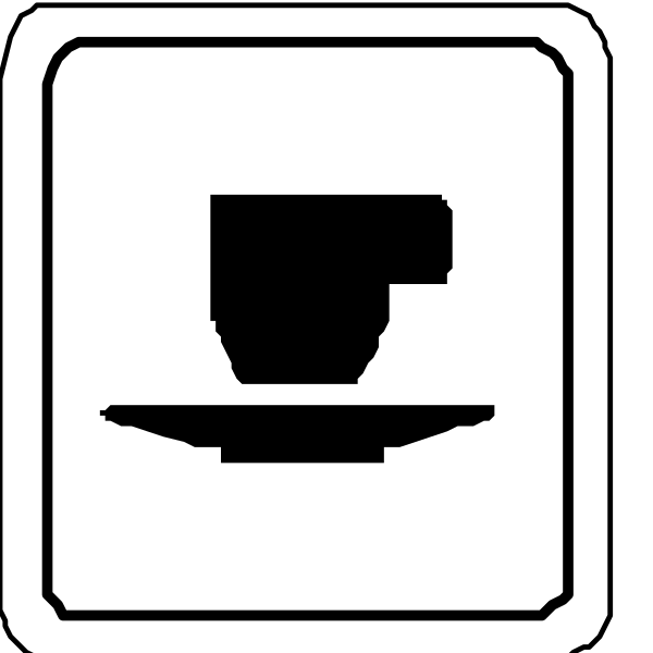The image shows a black and white icon with three symbols: on top left is an espresso cup symbolizing coffee; in the center right there's a hat symbol indicating tea service; at bottom middle, it depicts two spoons crossed over each other to represent dessert or sweets.