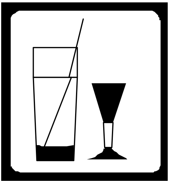 The black and white icon shows a glass of water with ice cubes on top to its left side; above it is an image of two glasses filled with liquid that could be wine or cocktails; next to these drinks, there's a martini shaker in between them; below the shakers are three lines representing straws. To their right and slightly behind this arrangement stands a tall glass resembling a champagne flute on its side.
