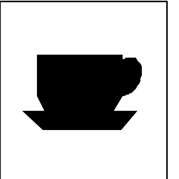 The black and white icon shows a coffee cup with steam rising from it on top of two stacked squares that represent cups in front of each other to create an illusion of depth.