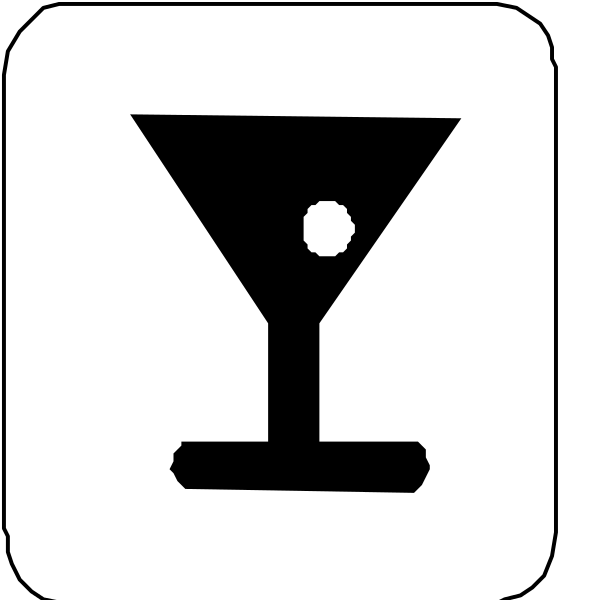 The image shows a simple black and white icon with three symbols: on top is an ice cube followed by two lines forming what appears to be a martini glass; in between these elements there's another symbol that looks like a cocktail shaker, suggesting it represents making or serving drinks at the location.