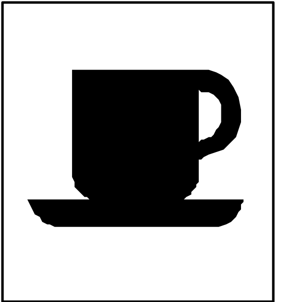 The image shows a black coffee cup icon next to an illustration of a white mug with steam rising from it on top left corner.