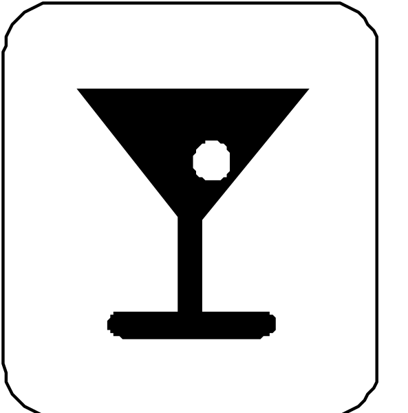The image shows a collection of four iconic symbols: 1) A martini glass with an olive inside it; 2) An ice cube in front of two glasses filled to varying levels; 3) Two wine glasses, one empty and another partially full; and 4) Three cocktails on the bar. The setting is a stylized representation of a social gathering or party environment. There are no people or animals depicted here. These symbols typically represent alcoholic beverages in various stages of consumption at an event like a nightclub, pub, or celebration.