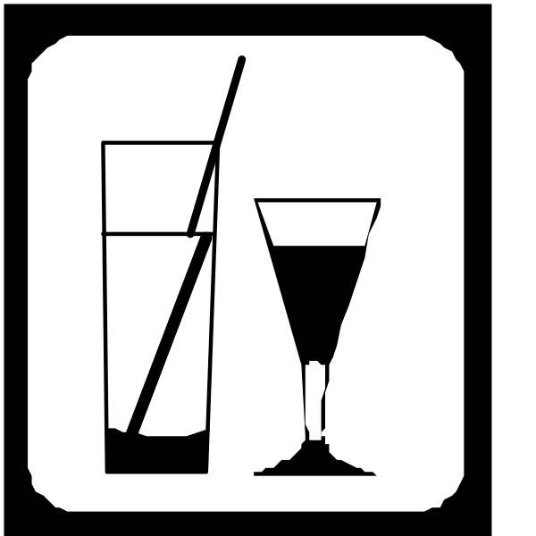 The black and white icon depicts a cocktail glass with an olive on top next to two martini glasses filled with drinks; above them is a wineglass symbolizing alcoholic beverages; below that, there's a straw in front of a cup representing non-alcoholic options.
