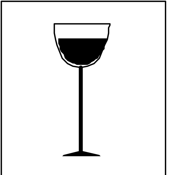 The image shows a simple black and white icon of an empty wine glass next to a bottle symbolizing alcohol.