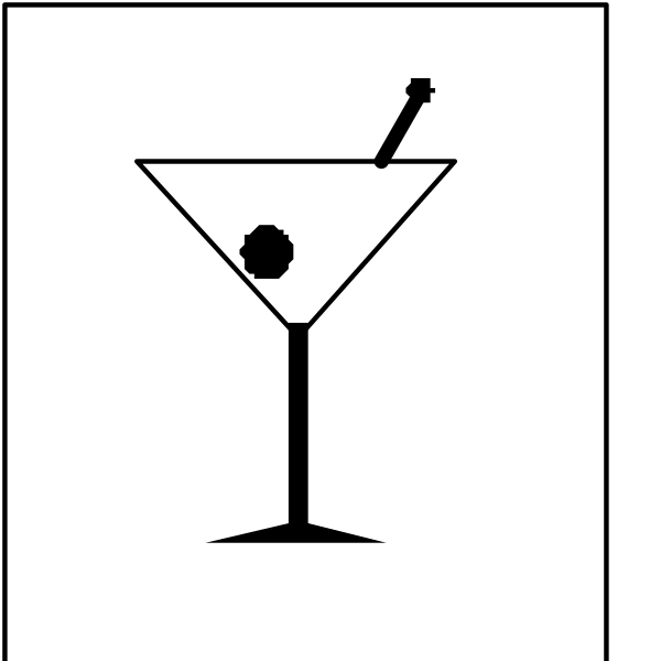 The image shows a simple line drawing of an iconic cocktail martini with olive on top served over ice inside a glass that is placed atop a straw.