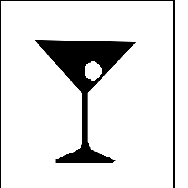 The black and white icon features a martini glass with an olive on top of it next to another smaller drink that appears to be champagne in shape but is actually just two lines representing bubbles above what looks like a wineglass, all within a square frame.