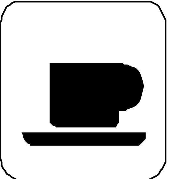 The image shows a simple black and white icon of two coffee cups with saucers on top placed side by side against each other in front of what appears to be an abstract representation of a tabletop surface below them, suggesting that this is likely meant for use as part of a user interface or menu system.