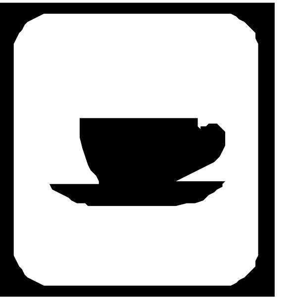 The image shows a black icon with three white symbols: on top left there is an upside down coffee cup; below it in center right positioning, another symbol of two overlapping cups forming what appears to be a bell shape; and at bottom left, one more coffee cup facing forward.