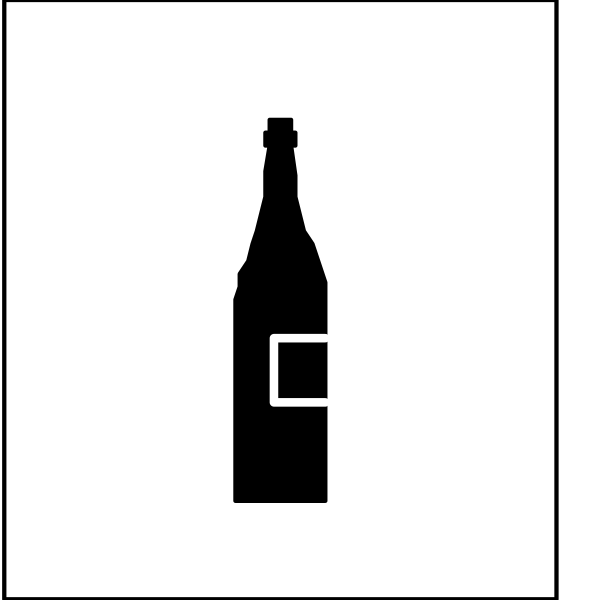The image shows a black and white icon with two bottles of wine: on top is an open bottle labeled "Wine" next to a glass filled halfway; below it is another closed bottle also marked as "wine."
