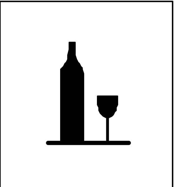 The image shows a simple black icon of an apartment building with wine glass on table below it indicating that this is likely to be in a city where alcohol consumption occurs frequently.
