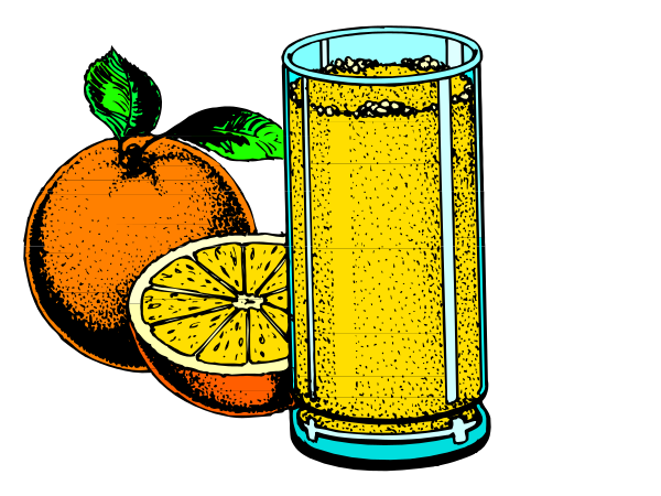 The picture shows a glass of orange juice next to an apple slice with lemon wedges on top, two slices of grapefruit in front of it, one whole tangerine beside them all, and another half-cut tangerine behind everything else; there is no text or action depicted.