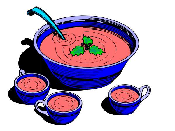 The illustration shows a bowl of soup with three bowls on either side containing more soup; there's also an herb in one corner for garnish.